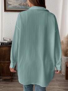 SHEIN LUNE 冬季服装纹理休闲大码纯色夏季长袖衬衫 - 霧霾藍 - 查看 2