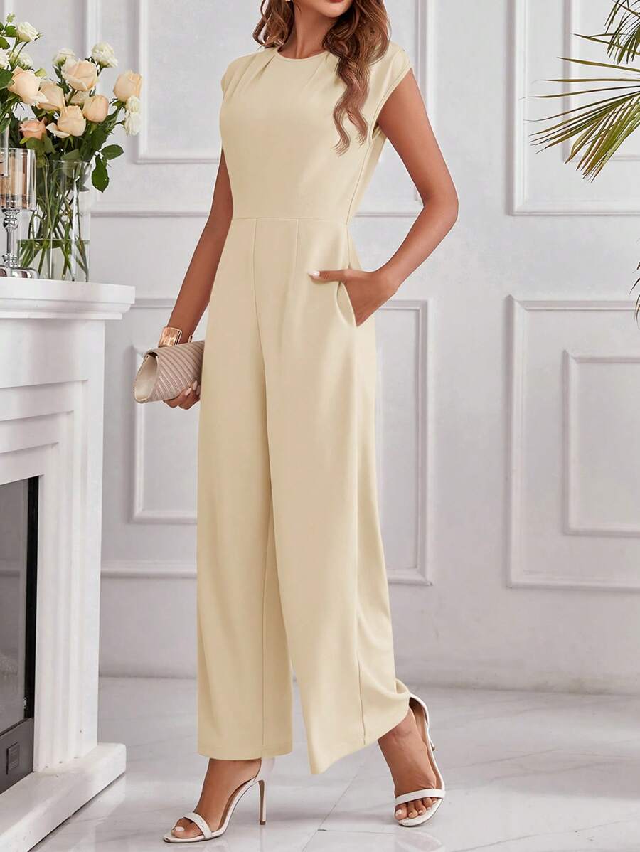 SHEIN Clasi Women's Solid Color Round Neck Cap Sleeve Pocket Wide Leg Elegant Jumpsuit - Apricot - View 1
