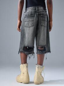 NEON BLANC Men's Street Fashion Embroidered Black Denim Shorts - Black - View 4