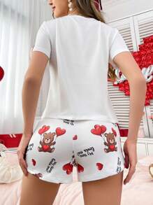 Cute Romantic Heart & Bear Print Women Pajama Set