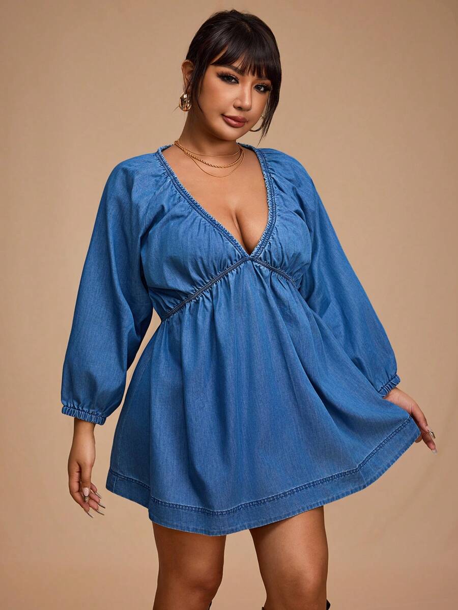 Forever 21 New Summer V-Neck Loose A-Line Casual Comfortable Resort Beach Plus Size Women Denim Dress - Baby Blue - View 1