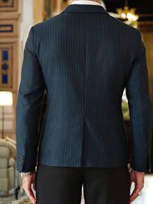 Calvornis Men's Casual Blazer With Single-Breasted Button Closure And Striped Blue-Green Pattern - Navy Blue - View 2