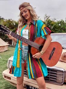 Breezaya 标准尺寸女式条纹图案印花领休闲度假音乐节直筒迷你连衣裙 - 彩色 - 查看 7