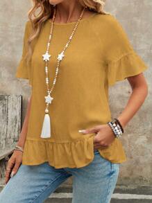 EMERY ROSE Plus Size Women Solid Color Round Neck Raglan Sleeve Ruffle Hem Casual Shirt - Yellow - View 3