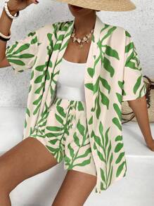 SHEIN VCAY Summer Outing Holiday Dating Set, Women's Short-Sleeved Shirt And Elastic Waist A Swing Shorts Casual Holiday Printed Beach Set, Going Out For Dating, Women's Summer Holiday, Summer Beach Holiday Two Pieces Set, Back To School Dress, Very Simple Dress, Office Dress, Old Money Dress, Teacher Dress, Dating Dress, Going Out For Bestie Afternoon Tea Shopping Leisure Set, Going Out For Music Festival Ladies Set - Green - View 3