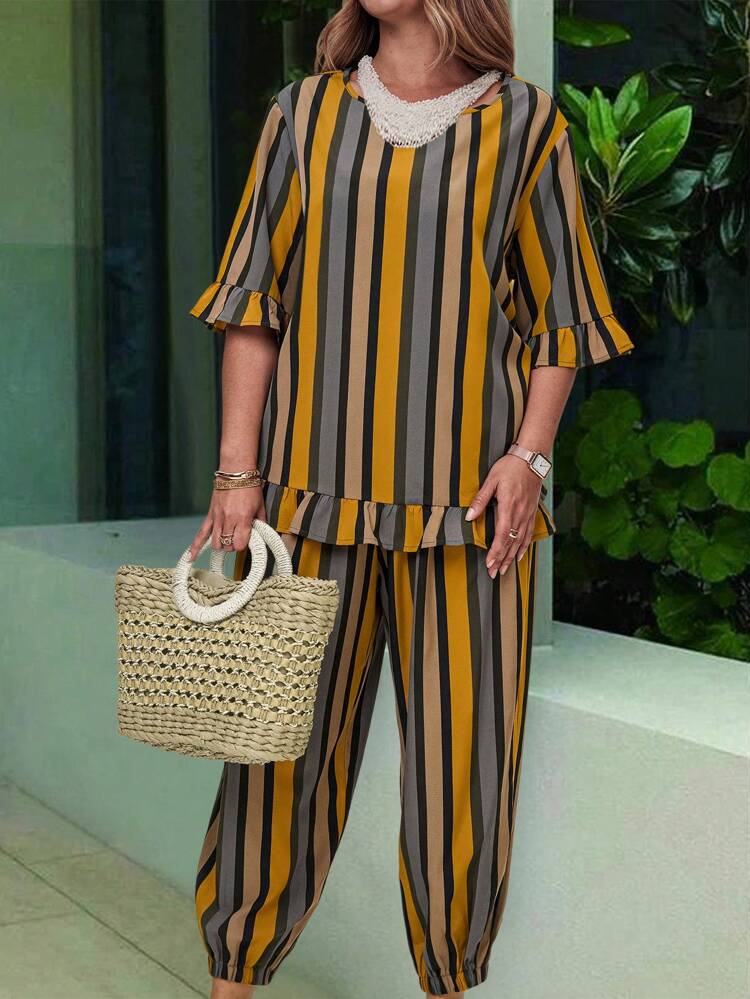 Plus Size Women Striped Ruffle Hem Short Sleeve Top And Pants 2 Pieces Suit,Black,Autumn,Smart Casual,Vacation,Holiday Boho Country Casual Outfits