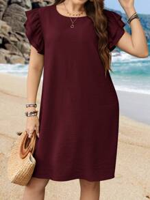 EMERY ROSE 大码休闲纯色迷你盖袖连衣裙 - 酒紅色 - 查看 4