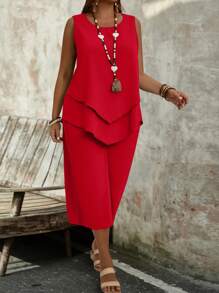 EMERY ROSE 大码女式简约中号紫色无袖上衣和七分裤 2 件套 - 紅色 - 查看 5