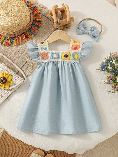 SHEIN Baby Girls Simple & Cute Knitted Patchwork Cap Sleeve Summer Dress
