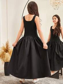 SHEIN Tween Girls' Casual Minimalist Comfort Round Neck Sleeveless Patchwork Dress - Black - View 7
