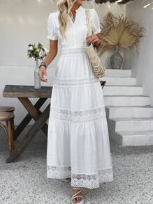 Breezaya Robe femme couleur unie avec empiècement en dentelle, col V et manches courtes