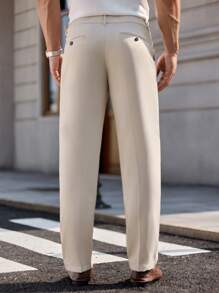 Manfinity Homme Men's Light Beige Pleated Pocket Straight Leg Casual Pants,Autumn Solid Minimalist Relaxed Fit Soft Trousers,Perfect For Party,Vacation & Streetwear - Apricot - View 3