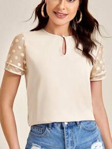 SHEIN Clasi 女士圆点网眼拼接锁眼领短袖时尚衬衫 - 杏色 - 查看 5