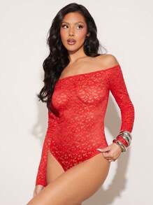 SHEIN Unity 春季性感露肩诱人蕾丝紧身衣夏季节日西部乡村音乐节女士服装 - 紅色 - 查看 4