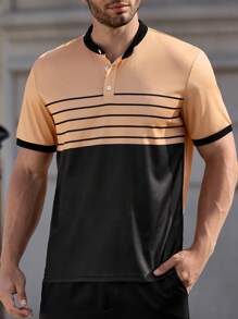 Manfinity Homme Men's Striped Button Half Placket Short Sleeve Casual T-Shirt Polos For Men - Brown - View 6