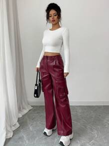 TrendSteals Women's Fashionable Solid Color Cargo Pants Fall Cloth For Women - Burgundy - View 4
