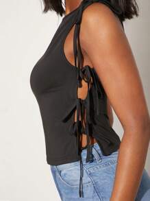 NYA SZN 日常休闲无袖多色缎带系带露脐T恤，适合夏季、音乐节、优雅度假、春假、早午餐派对等场合，女士必备单品