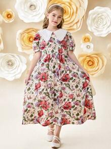 SHEIN Leap Crew Tween Girls' Color Block Peter Pan Collar Puff Sleeve Floral Print Long Dress - Apricot - View 1