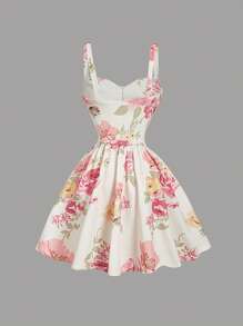 SHEIN MOD 印花褶皱腰身修身A字中长连衣裙，饰有蝴蝶结，适合锐舞派对、波西米亚风、音乐会、毕业典礼、浪漫、夏季、优雅、度假、派对、飘逸、婚礼宾客、下午茶、端庄、舞会、正式场合、花卉、夜店等各种场合。女士连衣裙 - 彩色 - 查看 2