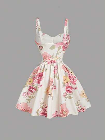 SHEIN MOD Vestido midi acampanado con cintura fruncida y estampado de flores, con decoración de lazo. Ideal para rave, estilo bohemio, conciertos, graduación, romántico, verano, elegante, vacaciones, fiestas, fluido, invitada de boda, té, modesto, baile de graduación, formal, floral, salidas nocturnas