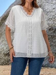 EMERY ROSE Blusa casual de verano con cuello en V, unicolor, parche de encaje, estilo bohemio, para mujer de talla grande - Blanco - Ver 3