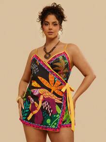 Travachic Plus Size Tropical Side Tie Parrot Printed Jumpsuit Shorts, Women Casual Holiday Beach Romper