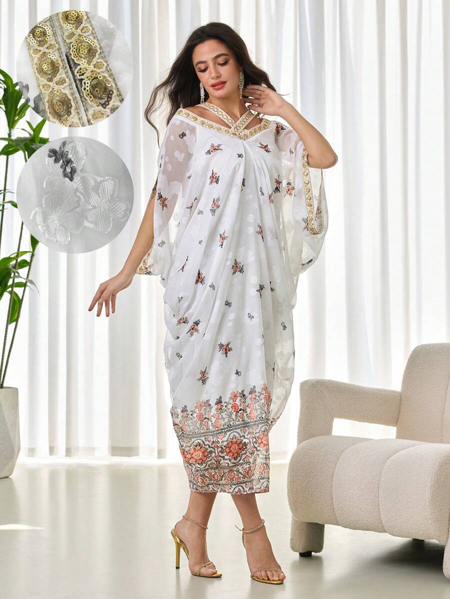 Modelyn Damen Kleid mit Schulterausschnitt, Mesh, Blume Muster und Rüschensaum für den Frühling