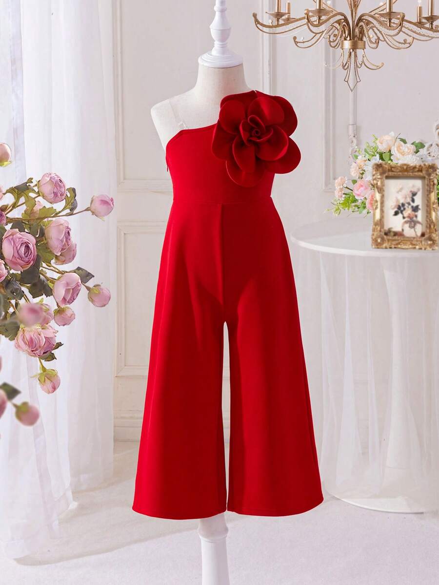 SHEIN Young Girl Solid Color Knit Racer Back Romper - Red - View 1