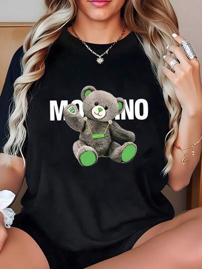 女士时尚休闲几何泰迪熊印花短袖圆领 T 恤，春夏