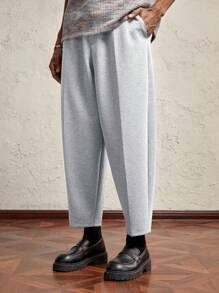 AKNOTIC Business Casual 男士灰色针织宽松 O 型环哈伦裤，休闲松紧腰带，金属板细节，适合秋冬季日常穿着 - 淺灰色 - 查看 1