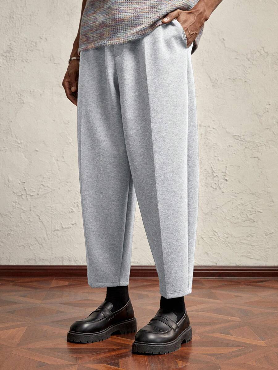 AKNOTIC Business Casual 男士灰色针织宽松 O 型环哈伦裤，休闲松紧腰带，金属板细节，适合秋冬季日常穿着 - 淺灰色 - 查看 1