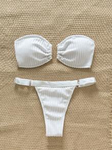 Swim Chiccia Women's Summer Solid Color Strapless Bandeau Metal Decor Sexy Bikini Swimwear Set - White - View 1