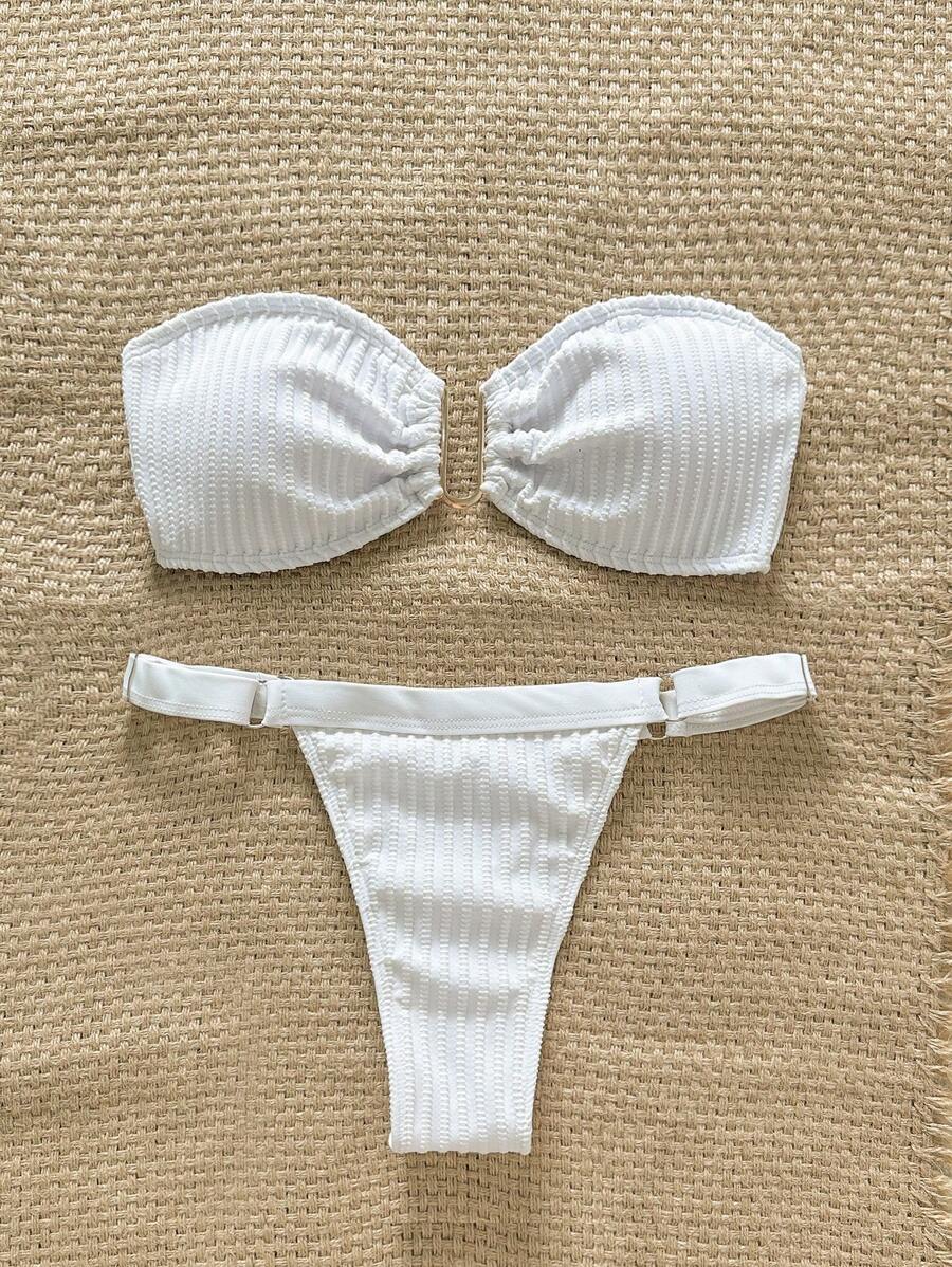 Swim Chiccia Women's Summer Solid Color Strapless Bandeau Metal Decor Sexy Bikini Swimwear Set - White - View 1