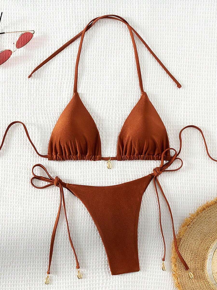 Swim Chiccia 夏季海滩女士纯色吊带胸罩和泳裤比基尼套装分体比基尼套装泳衣 - 鏽棕色 - 查看 1