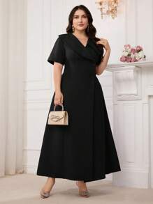 Modelyn 大码女式纯色单排扣短袖优雅连衣裙 - 黑色 - 查看 6