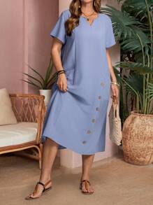 EMERY ROSE Vestido casual con bolsillo, de cuello en V y mangas cortas, para mujer de tallas grandes