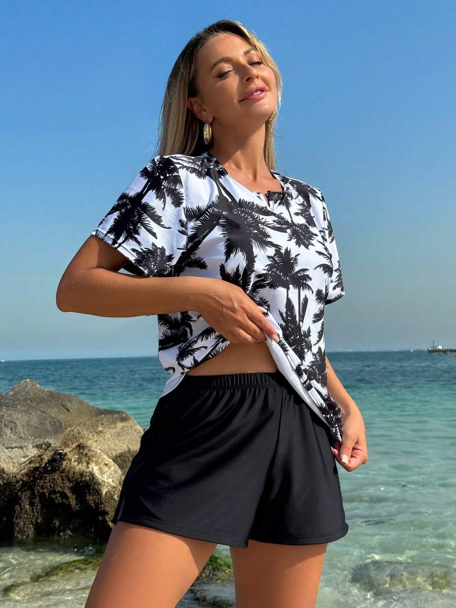 SHEIN Swim Lushore Women's Palm Tree Print Round Neck Short Sleeve Top And Shorts Casual Tankini Swimwear Set For Vacation - Black - View 1