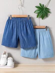 2pcs Set Tween Boy Denim Effect Casual Sports Shorts, Summer New Arrival - Multicolor - View 2