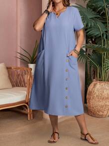 EMERY ROSE Vestido casual con bolsillo, de cuello en V y mangas cortas, para mujer de tallas grandes