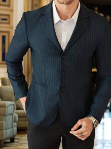 Calvornis Men's Casual Blazer With Single-Breasted Button Closure And Striped Blue-Green Pattern - Navy Blue - View 4