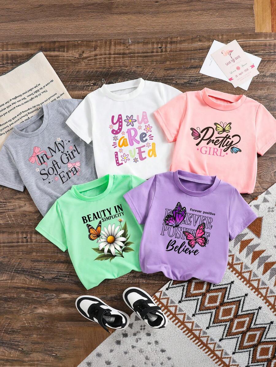 SHEIN 5pcs/Set Young Girl Animal Print Short Sleeve Tops - Multicolor - View 1