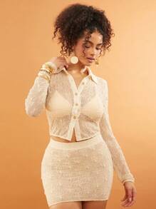 SHEIN Unity Women Light Beige Textured Knit Button Up Crop Top,Seksi Chic Autumn Vacation Beach Festival Elegant Office Siren Spring Break Brunch NYE Christmas - White - View 4