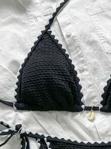 Swim Mod Bộ bikini 2 mảnh đi biển mùa hè cho nữ, vải jacquard màu trơn có viền xếp nếp và dây buộc vai - màu đen - Xem 4