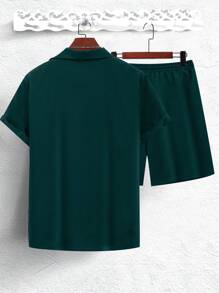 Manfinity Homme 男士纯色短袖单排扣衬衫和短裤 2 件套休闲西装 - 墨綠色 - 查看 2
