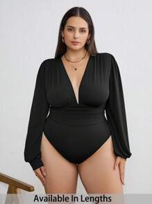 SHEIN Tall CURVE Plus Size Women Black Solid Color Ruffled Lantern Sleeve Adult Bodysuit, Summer Outfits For Women, Concert Outfit Women, Rave Outfits Festival, Streetwear For Women, Graduation Outfit Women - Black - View 1