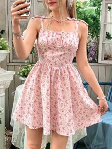 SHEIN 少女优雅碎花图案细肩带蝴蝶结中长连衣裙