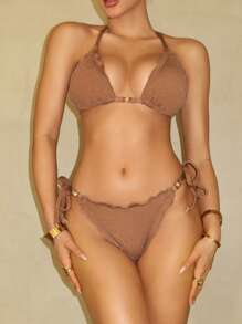 SHEIN Swim 2pcs Women Chocolate Brown Beach Outfits,Elegant Summer Holiday Swimwear Set,Ruffled Top And Side Tie Swim Shorts With Pearl Decor,Boho Spring Break - Khaki - View 1