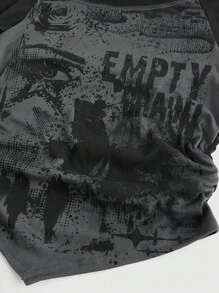 ROMWE Grunge Punk Plus Size Women Y2K Style Off Shoulder Tie Decor Eye Butterfly Silhouette Pattern T-Shirt, Concert - Black - View 2