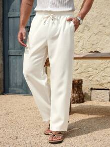 Manfinity RSRT Herren Bambus Knoten Karomuster Lässig Hose, minimalistisch & modisch, geeignet für Sommer, Strandurlaub für Herren, Herren Urlaub, Leinen Herrenhose