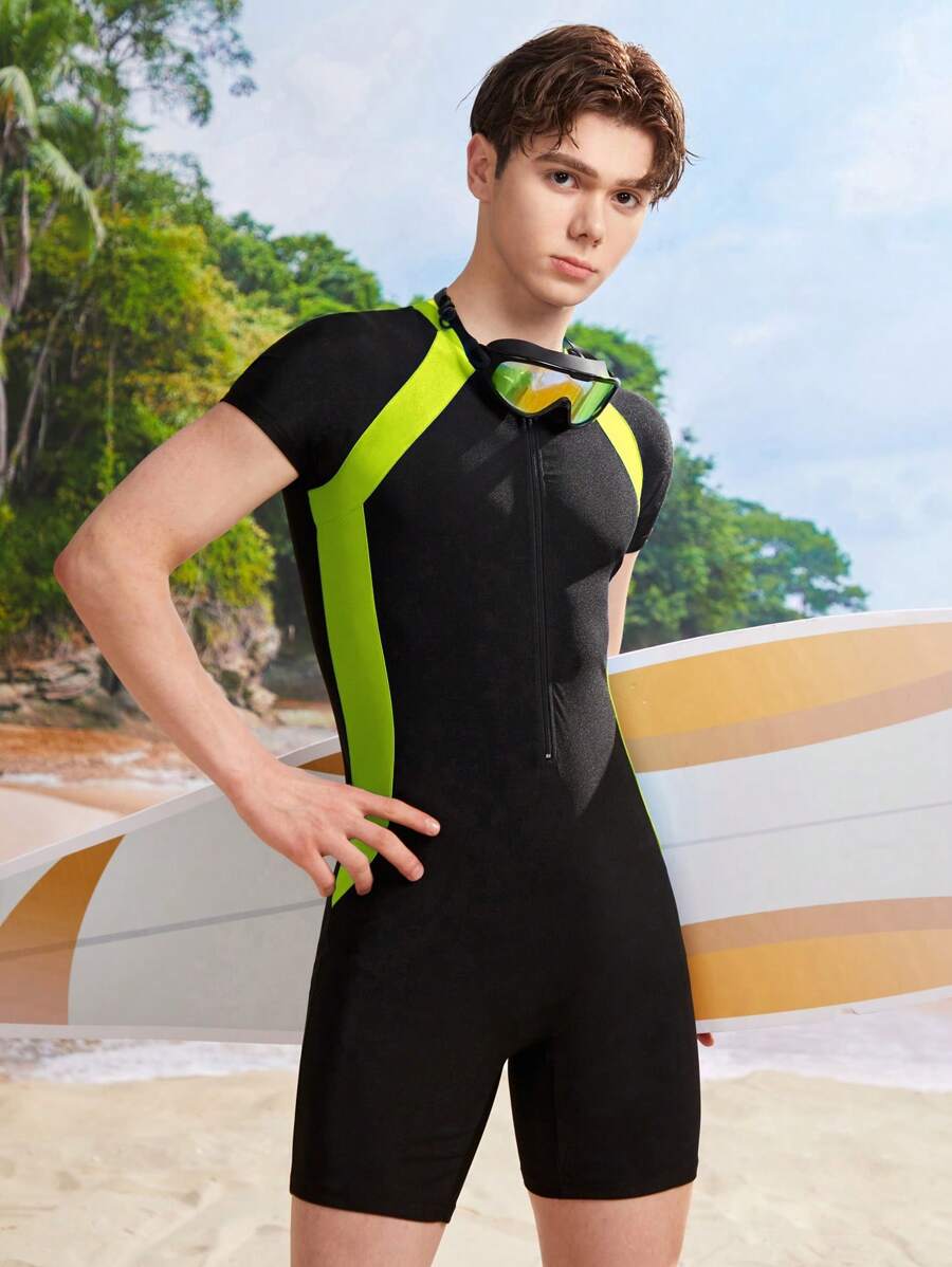 SHEIN Teen Boys 2pcs/Set Colorblock Splice Swim Trunks & Rashguard, Casual Beach, Surfing, Swimming, Summer - Green - View 1